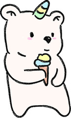 Kawaii pollar bear unicorn crayon illustration eating an pastel color ice cream