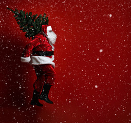 Big-bellied fat Santa Claus carrying a heavy Christmas tree on his shoulder on a red background....