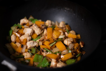 Chicken And vegetables in a frying pan
