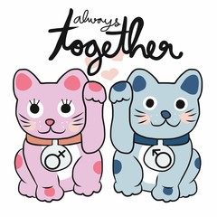 Couple lucky cat Pink and Blue color always together vector illustration
