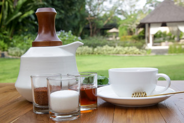 Fresh mint tea served on the wooden table