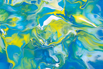  Blue and yellow acrylic liquid paint abstract surface