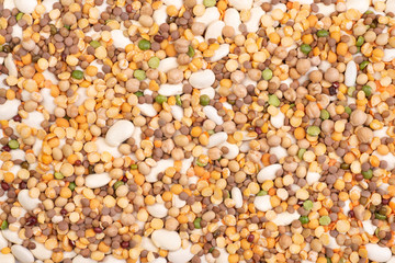 Legumes, lentils, chickpeas and beans assortment, top view