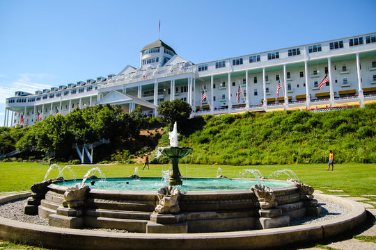 Mackinac Island, Michigan, USA -July 6, 2015: Exterior of the historic Grand Hotel on Mackinaw Island