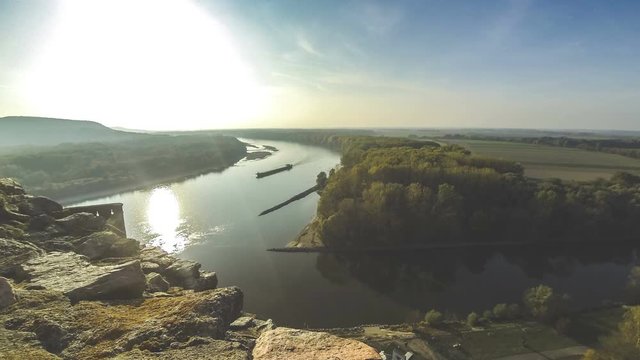 Confluence of Danube and Morava rivers. View from Devin Castle near Bratislava, Slovakia on the border with Austria. Time Lapse. 4K UltraHD video