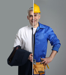 Comparison portrait of man in uniforms of different professions on grey background