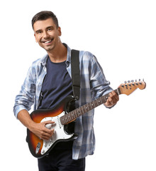 Obraz premium Handsome man playing guitar on white background
