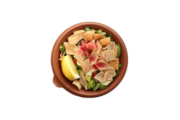 Fattoush is a Levantine Middle Eastern salad, originally from Lebanon and Syria, made from toasted or fried pieces of khubz combined with mixed greens and other vegetables, such as radishes and tomato