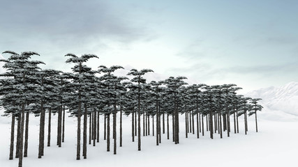 Tree in Snow Weather, Winter Background, 3D Rendering