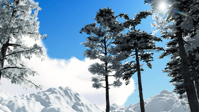 Tree in Snow Weather, Winter Background, 3D Rendering