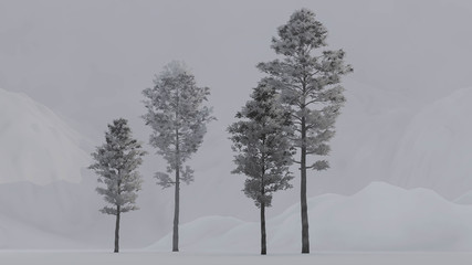 Tree in Winter Fog Weather, Background, 3D Rendering