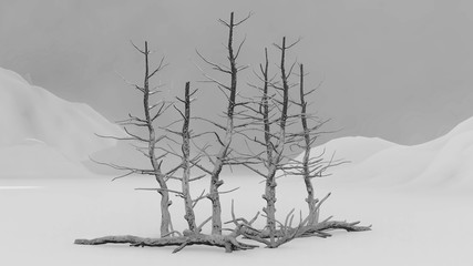 Fototapeta na wymiar Tree in Winter Fog Weather, Background, 3D Rendering