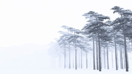 Tree in Winter Fog Weather, Background, 3D Rendering