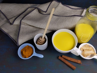 Turmeric latte or the Indian Haldi Doodh with superfood Turmeric powder, Ginder and Cinnamon sweetened with honey.