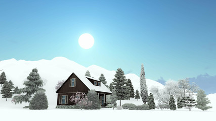 House in Winter With Trees 3D Rendering