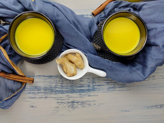 Turmeric latte or the Indian Haldi Doodh with superfood Turmeric powder, Ginder and Cinnamon sweetened with honey.