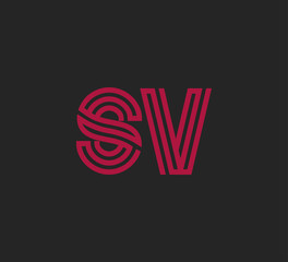 Initial two letter red line shape logo on black vector SV