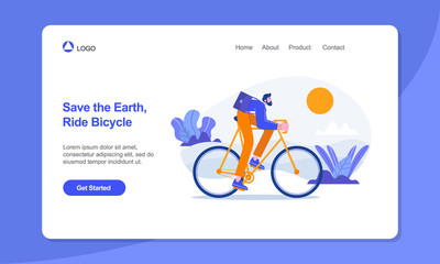 Healthy Lifestyle Landing Page Template. Businessman ride on bicycle to   work.suitable for web, banner, poster and landing page