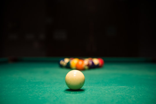 Billiards Table With Balls And Cue Ball Set Up For Break