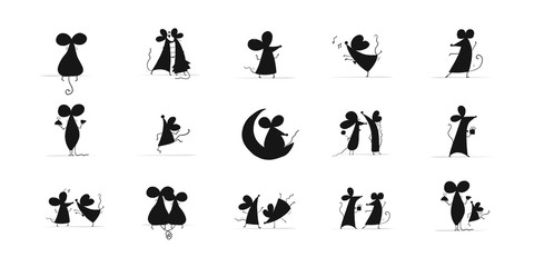 Funny mouses collection, black silhouette. Symbol of 2020 year