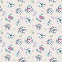 Watercolor floral seamless pattern with flowers, succulents, branches, twigs, gold and black silhouettes of succulents, For wedding invitation, card making