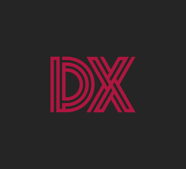Initial two letter red line shape logo on black vector DX