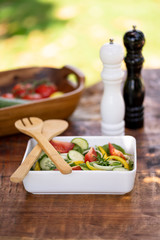 Salad with cucumber, baby spinach, onion and tomato served on a white plate and wooden cutlery. Blurred background with pepper shaker and bowl of vegetables behind. Vertical photography