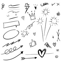 Hand drawn set elements, black on white background. Arrow, heart, love, star, leaf, sun, light, flower, daisy,  crown, king, queen,Swishes, swoops, emphasis ,swirl, heart, for concept design.