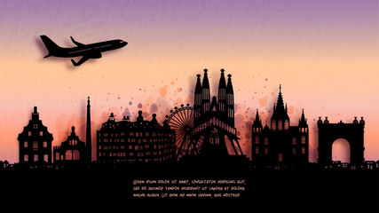 Naklejka premium Watercolor of Barcelona, Spain silhouette skyline and famous landmark. vector illustration.