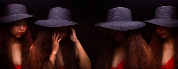 Stroboscopic image of one model into many girls, Asian Tan Skin woman curly hair wear dark Hat red...