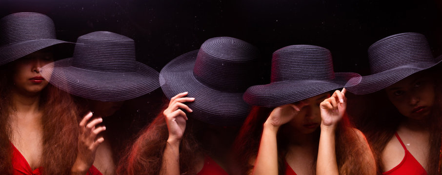 Stroboscopic Image Of One Model Into Many Girls, Asian Tan Skin Woman Curly Hair Wear Dark Hat Red Dress, Portrait Studio Lighting Black Backgrounds, Blur Movement Photo