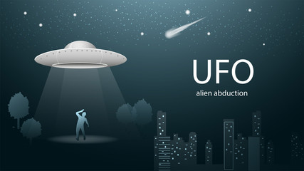 flying saucer UFO kidnaps man beam of light banner design in dark blue background illustration night city starry sky