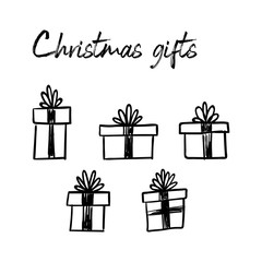 Gift box doodles. Christmas presents hand drawn illustration.