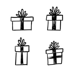 Gift box doodles. Christmas presents hand drawn illustration.