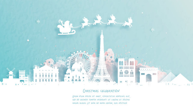Christmas card with travel to Paris, France concept. Cute Santa and reindeer. World famous landmark in paper cut style vector illustration.