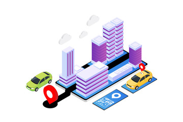 Modern Isometric GPS App Illustration, Online taxi service. Usable as Web banner or header, diagrams, Infographics, etc.