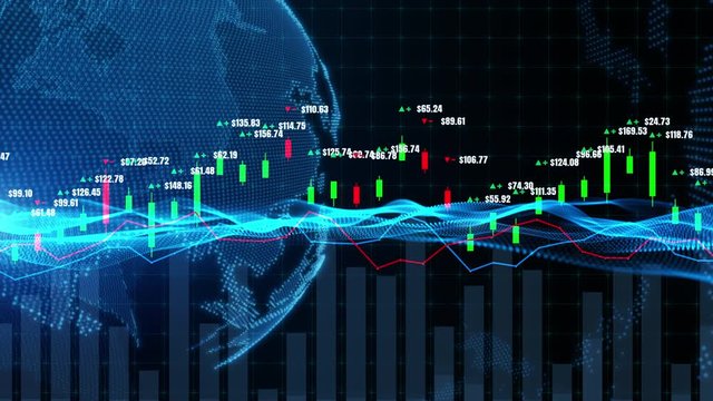 Candlestick graph chart with digital data, uptrend or down trend of price of stock market or stock exchange trading, investment and financial concept.