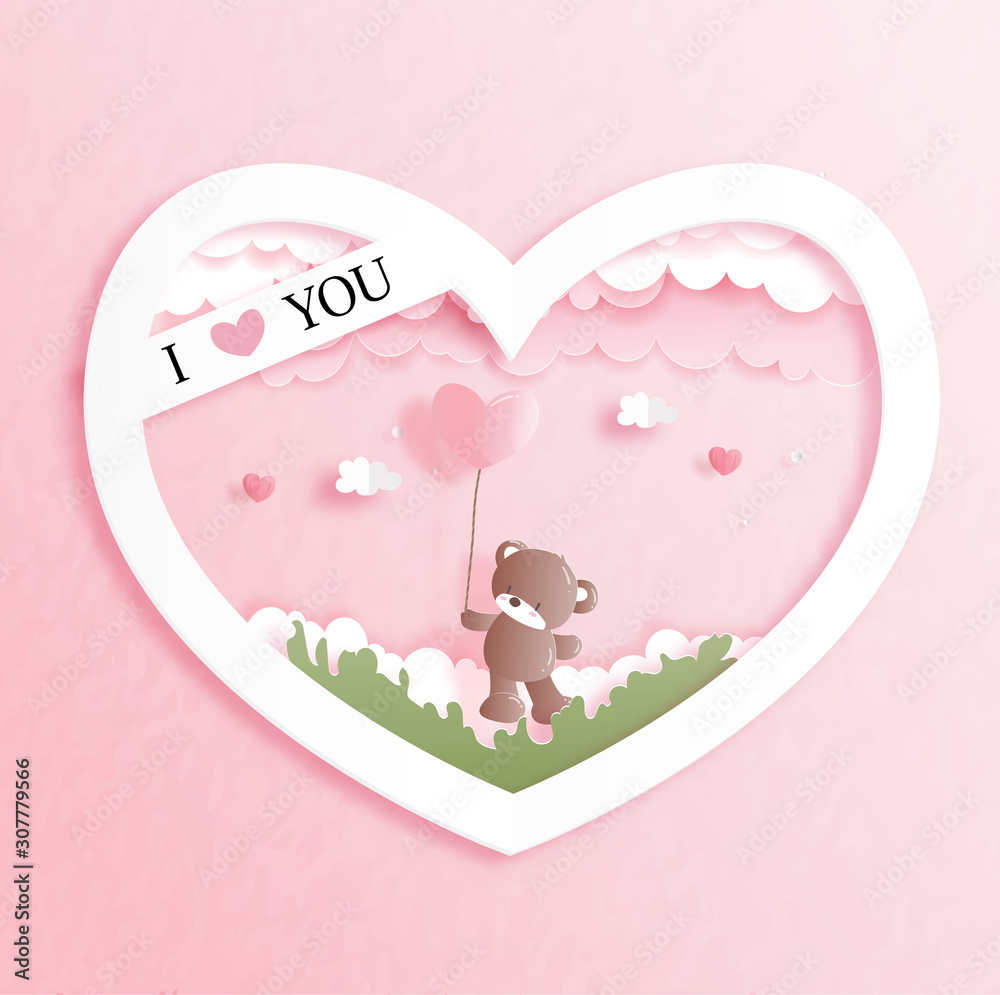 Wall mural Valentines card with cute teddy bear in paper cut style vector illustration.