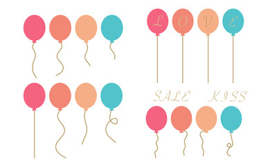 Bunch of balloons with love text in flat style vector isolated on white background.