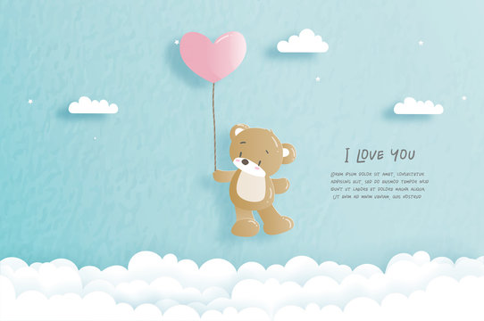 Valentines card with cute teddy bear in paper cut style vector illustration.