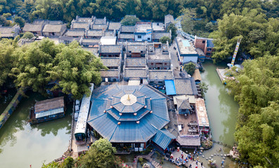 Aerial photography of vintage octagonal roof of Chinese national architecture and ancient village buildings