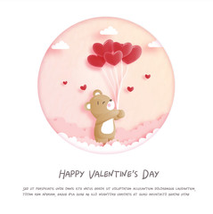 Valentines card with cute teddy bear in paper cut style vector illustration.