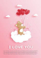 Valentines card with cute teddy bear in paper cut style vector illustration.
