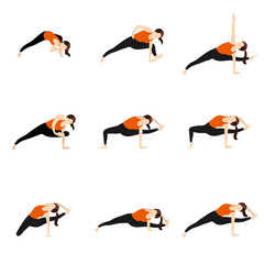 Visvamitrasana sequence yoga asanas set/ Illustration stylized woman practicing sage visvamitra's pose variations