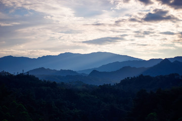 Fototapeta premium Beautiful mountains and forests with fog.At sunset.