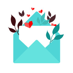 Valentine themed illustration of a teal envelope with a blank white card , floral elements and hearts