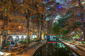 Aerial View of the River Walk in San Antonio With Hanging Holidays Lights