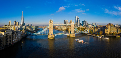 Aerial View of Tower Bridge in London, United Kingdom. Drone shot. Panorama. 