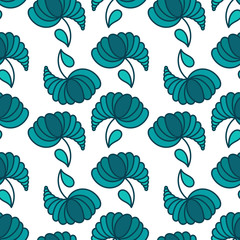 fancy sea-green flowers on white background, hand drawing . Vector seamless background