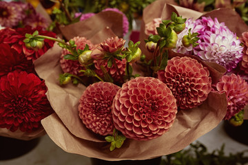 Bouquet of fresh Dahlia flowers for sale at a farmers market in Copley Square, Boston, Massachusetts.  (Dahlia pinnata)